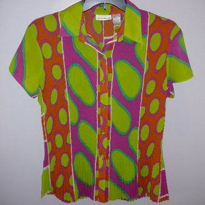 Women's Rene Margo Geometric Pleated Multi-Color Short Sleeve Blouse-Size Medium